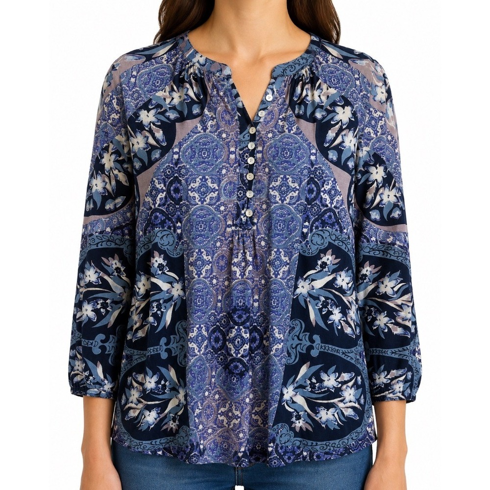 Lucky Brand Womens Blouse Top Blue Paisley Floral Print 3/4 Sleeve Boho L